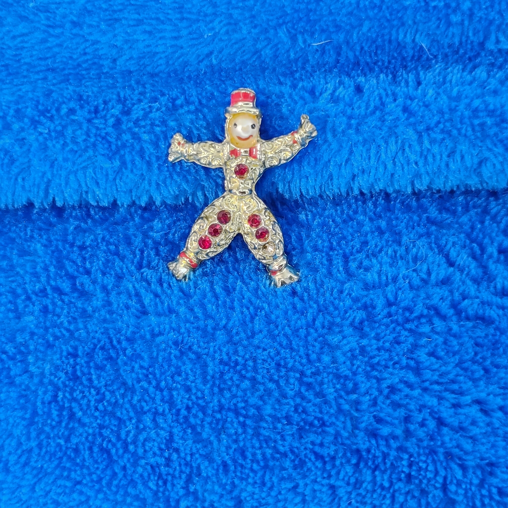 Vintage Red Rhinestone Faux Pearl Clown Silver Tone Scarecrow Brooch Retro 50s